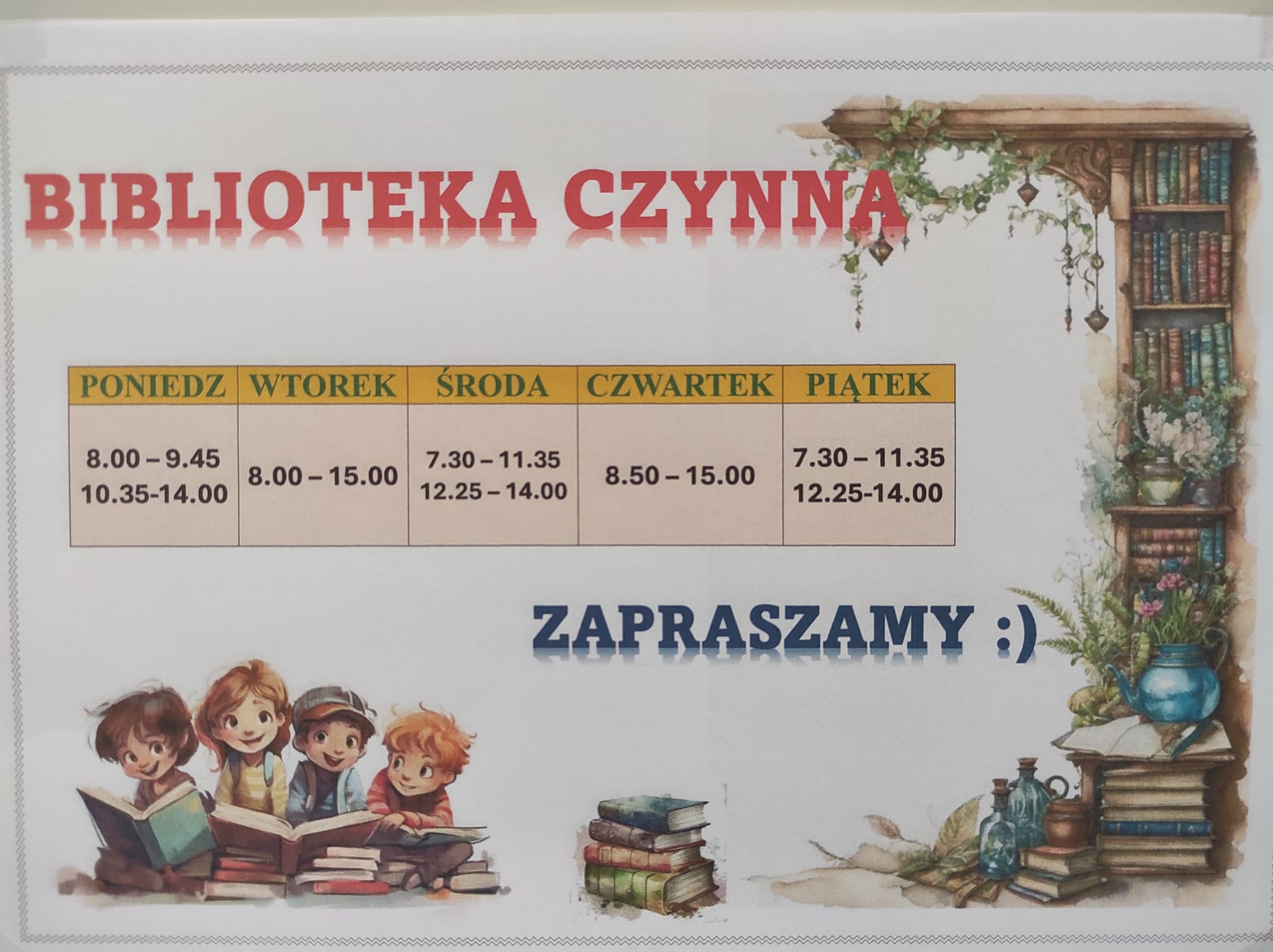 Biblioteka- godziny pracy