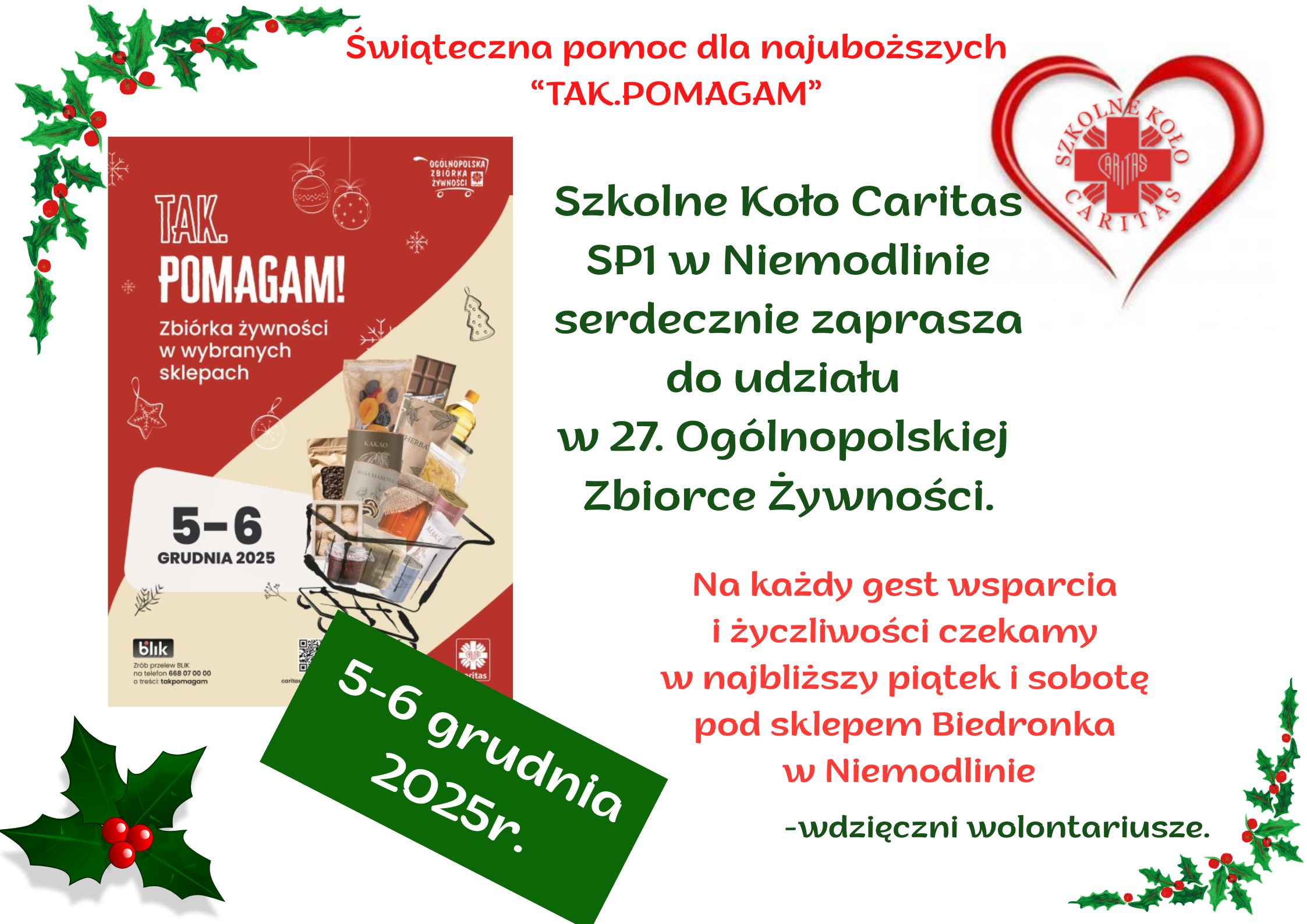 Wolontariusze Szkolnego Koła Caritas zapraszają :)